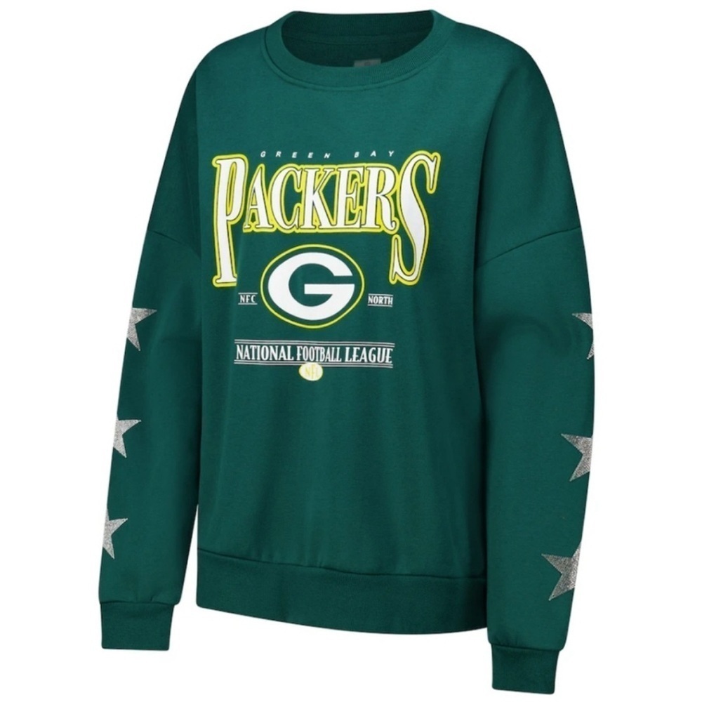 Green Bay Packers NFL Women's Rhinestone Star Sleeve Sweatshirt Green Size Large - Picture 2 of 16
